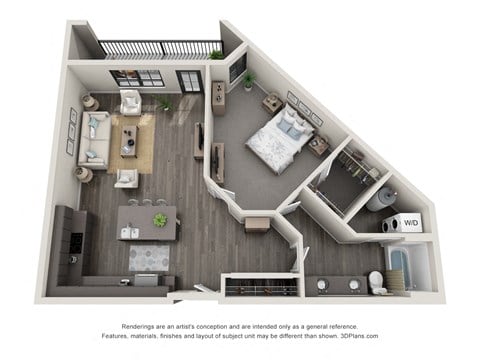 Floor plan for 1 bed, 1 bath, 961 sqft